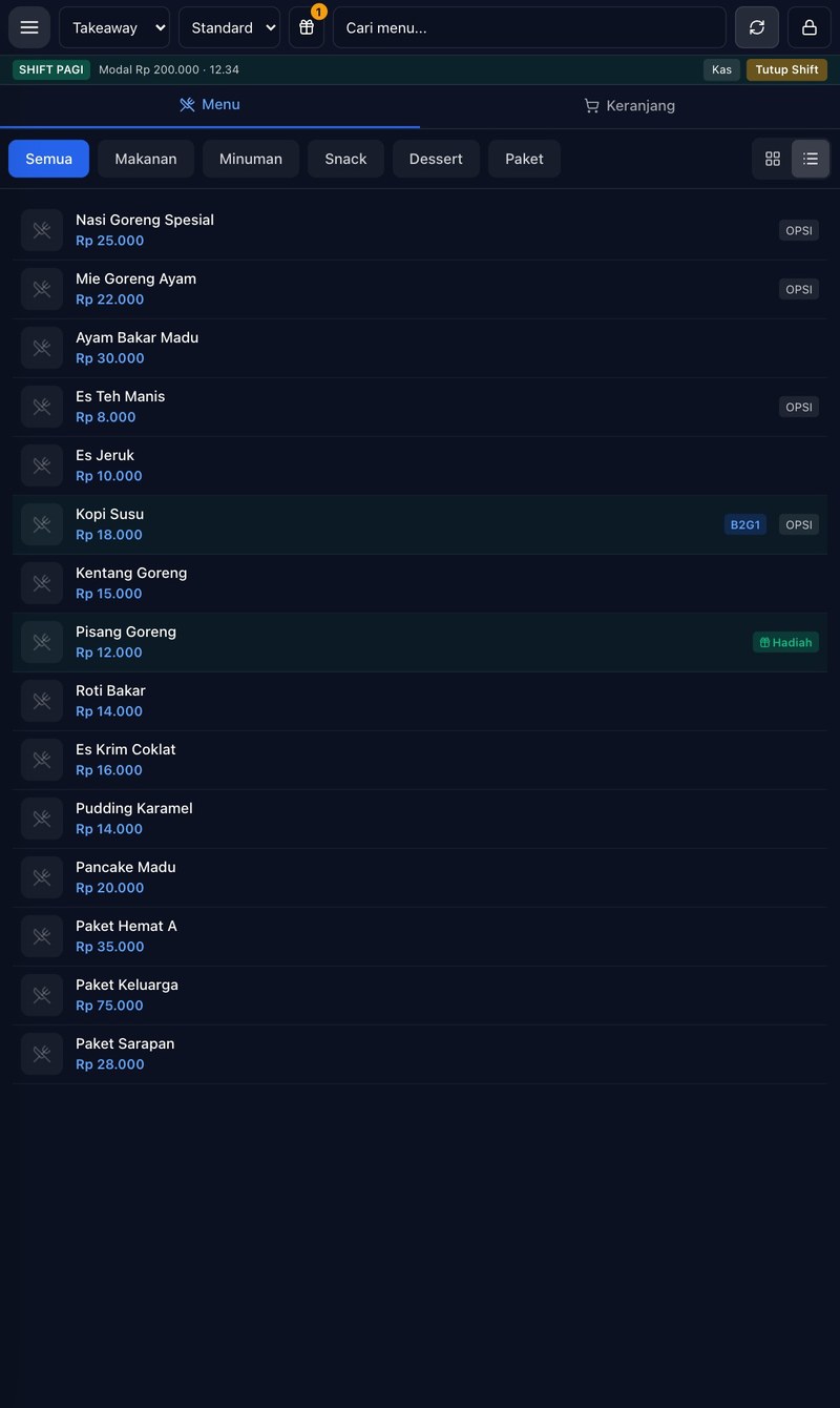 Layar kasir SolviPOS: daftar menu dan harga
